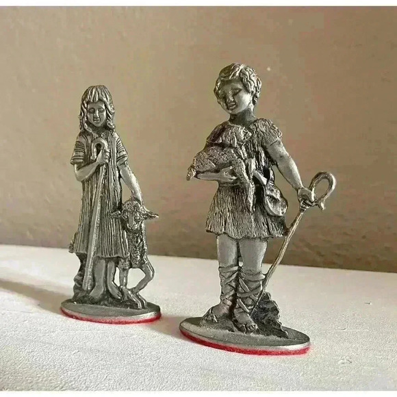Vintage Young Child Pair Miniature Figurine Shepherd w/ Lamb Creed Pewter Metal - Picture 3 of 6